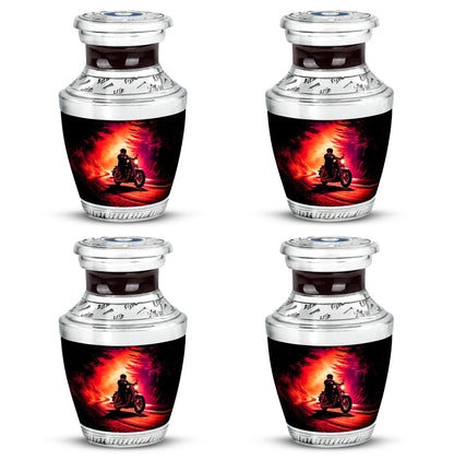 Charcoal Black Bike Cremation Urn back view with polished surface - stylized abstract bike pattern with bold lines - 10 inch aluminum urn for cremated remains