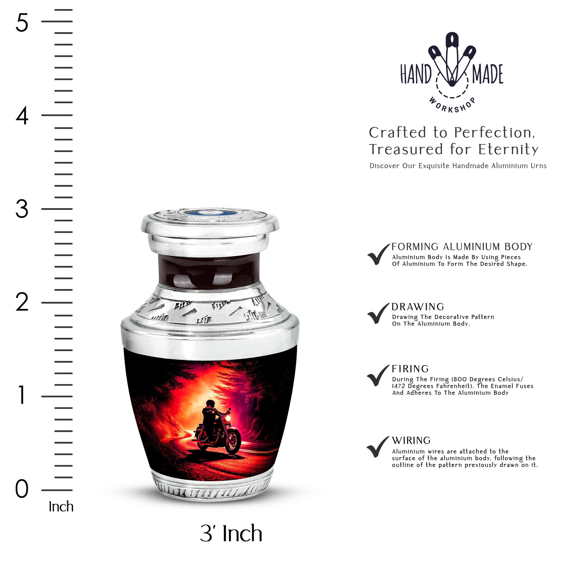 Obsidian Black Bike Cremation Urn top-down view of secure threaded lid - stylized abstract bike pattern with bold lines - mini keepsake memorial for portion of cremation ashes