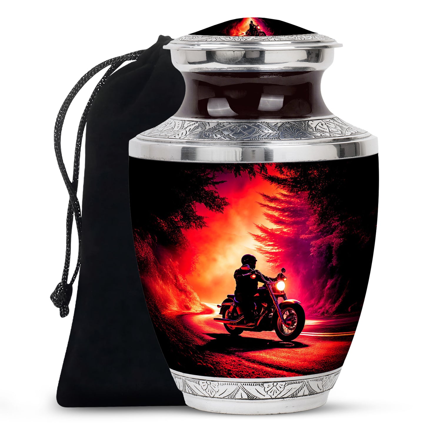 Deep Black Bike Cremation Urn side profile showing urn shape - contemporary bike design with modern artistic flair - full-size 10 inch 200 cubic inch adult cremation urn