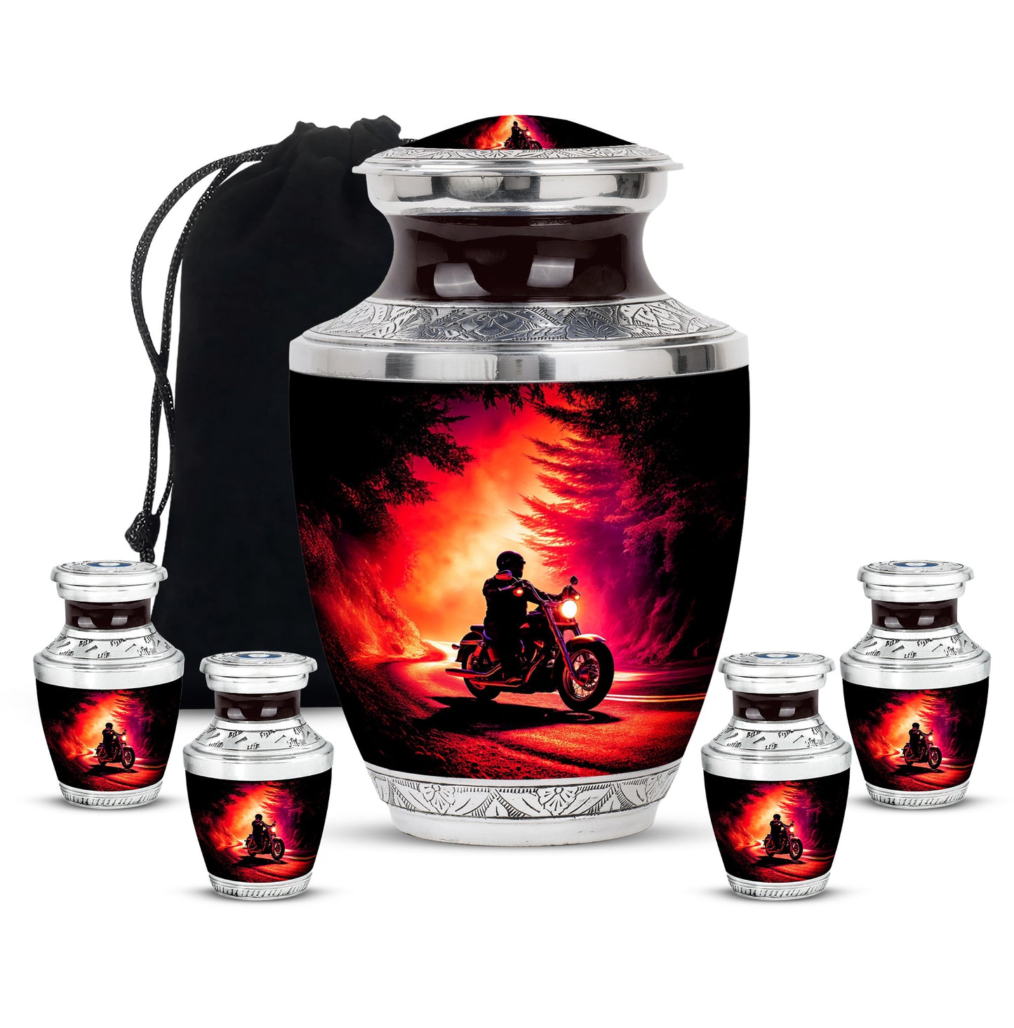 Obsidian Black Bike Cremation Urn lifestyle display on memorial shelf - artistic bike interpretation with creative detail - memorial set with one large and four small urns