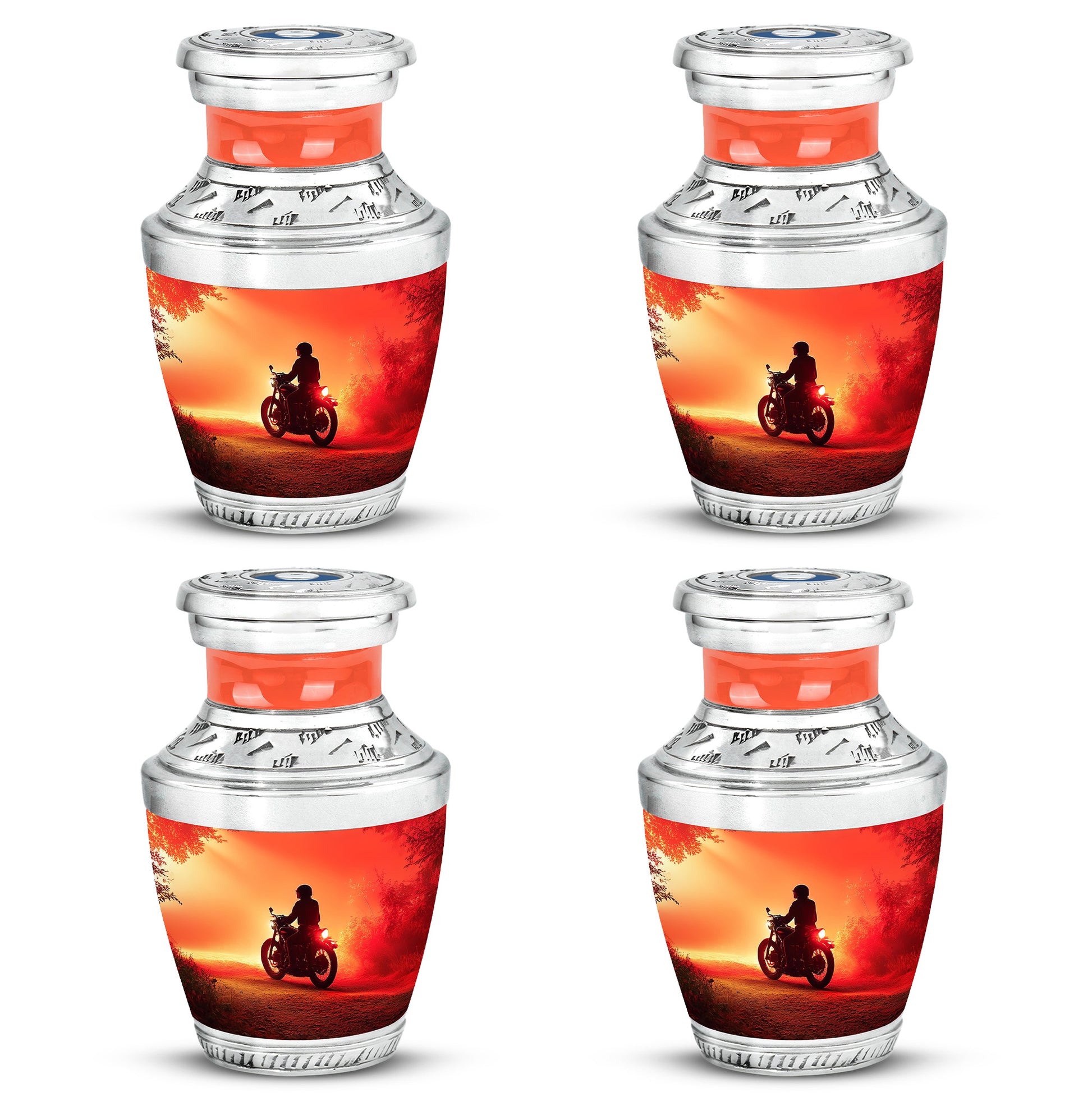 Deep Red Bike Cremation Urn back view with polished surface - modern art-inspired bike motif on sleek aluminum - 10 inch aluminum urn for cremated remains