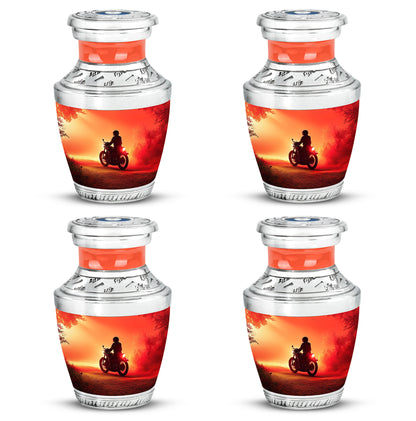 Deep Red Bike Cremation Urn back view with polished surface - modern art-inspired bike motif on sleek aluminum - 10 inch aluminum urn for cremated remains