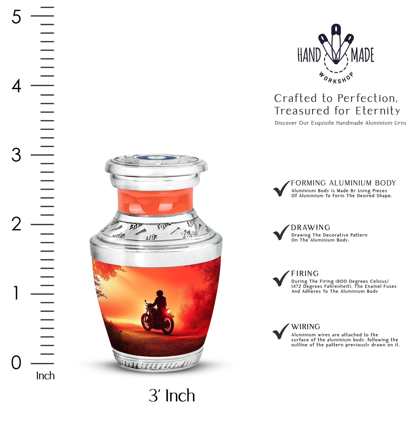 Ruby Red Bike Cremation Urn top-down view of secure threaded lid - artistic bike interpretation with creative detail - mini keepsake memorial for portion of cremation ashes