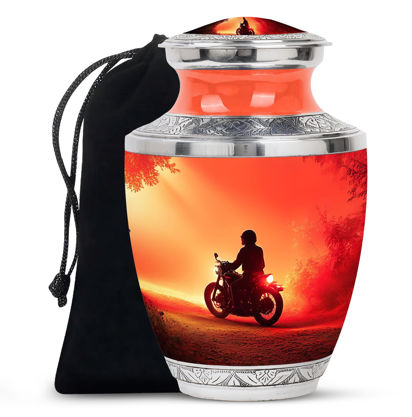 Crimson Red Bike Cremation Urn side profile showing urn shape - modern art-inspired bike motif on sleek aluminum - full-size 10 inch 200 cubic inch adult cremation urn