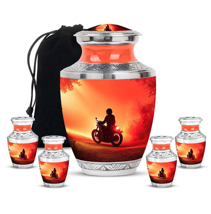 Fiery Red Bike Cremation Urn lifestyle display on memorial shelf - artistic bike interpretation with creative detail - memorial set with one large and four small urns