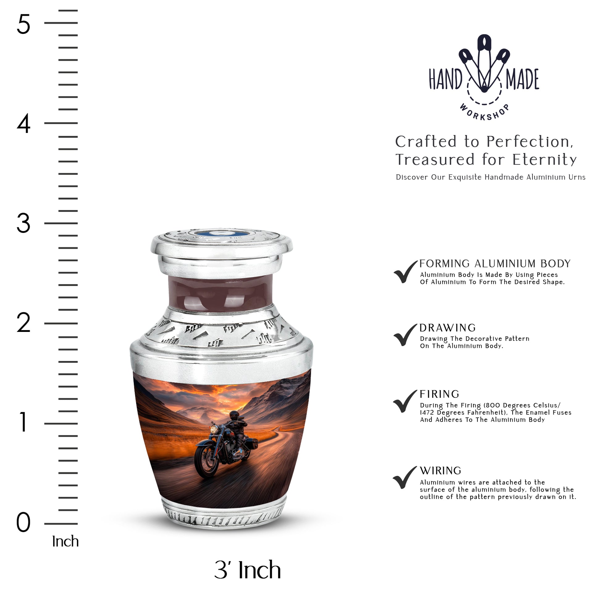 Rich Red Bike Cremation Urn top-down view of secure threaded lid - stylized abstract bike pattern with bold lines - mini keepsake memorial for portion of cremation ashes