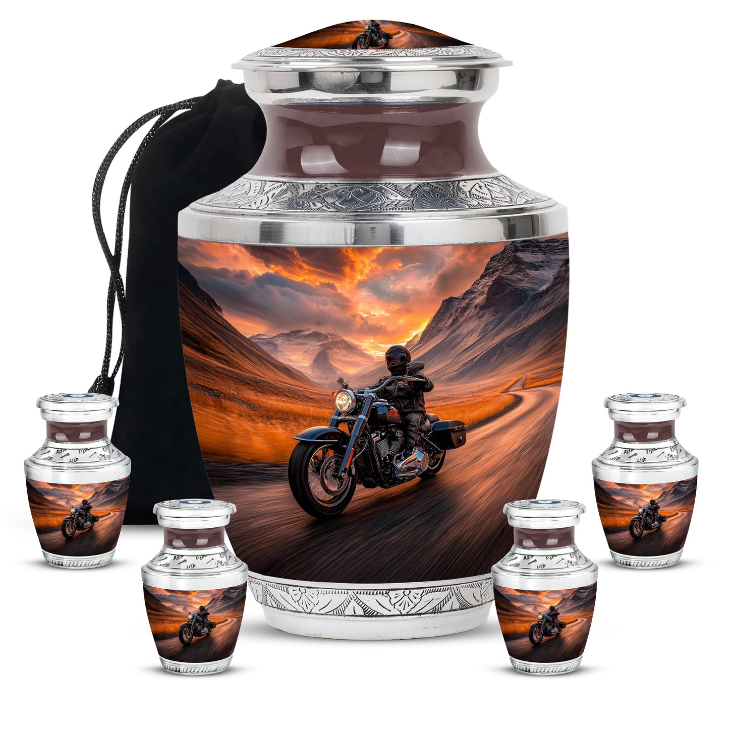 Garnet Red Bike Cremation Urn lifestyle display on memorial shelf - contemporary bike design with modern artistic flair - memorial set with one large and four small urns
