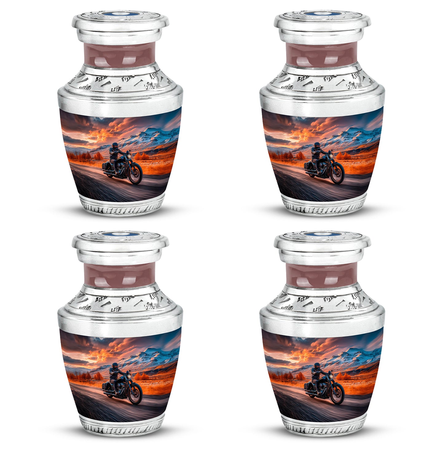 Fiery Red Bike Cremation Urn back view with polished surface - stylized abstract bike pattern with bold lines - 10 inch aluminum urn for cremated remains