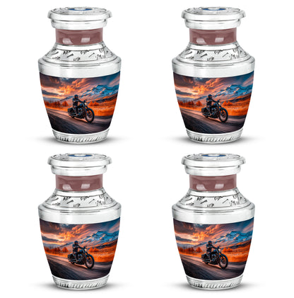 Fiery Red Bike Cremation Urn back view with polished surface - stylized abstract bike pattern with bold lines - 10 inch aluminum urn for cremated remains