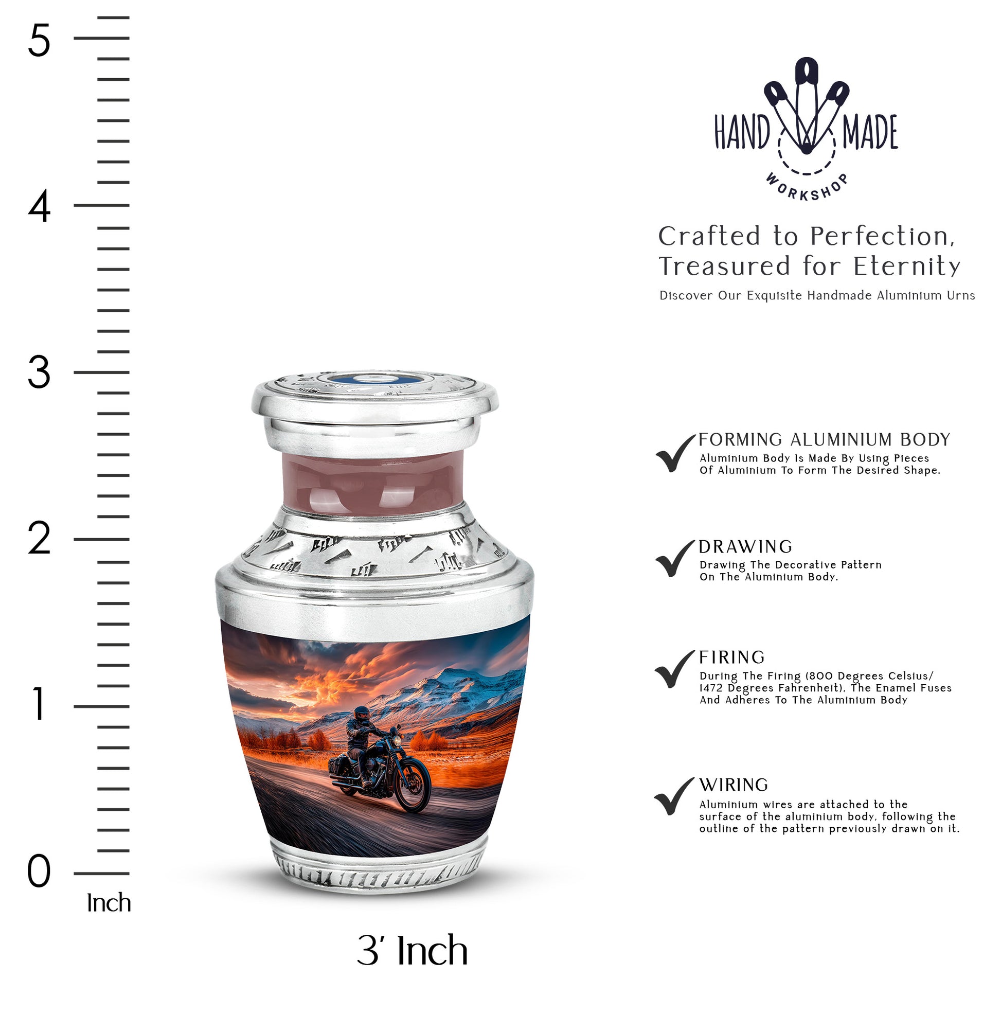 Ruby Red Bike Cremation Urn top-down view of secure threaded lid - artistic bike interpretation with creative detail - mini keepsake memorial for portion of cremation ashes