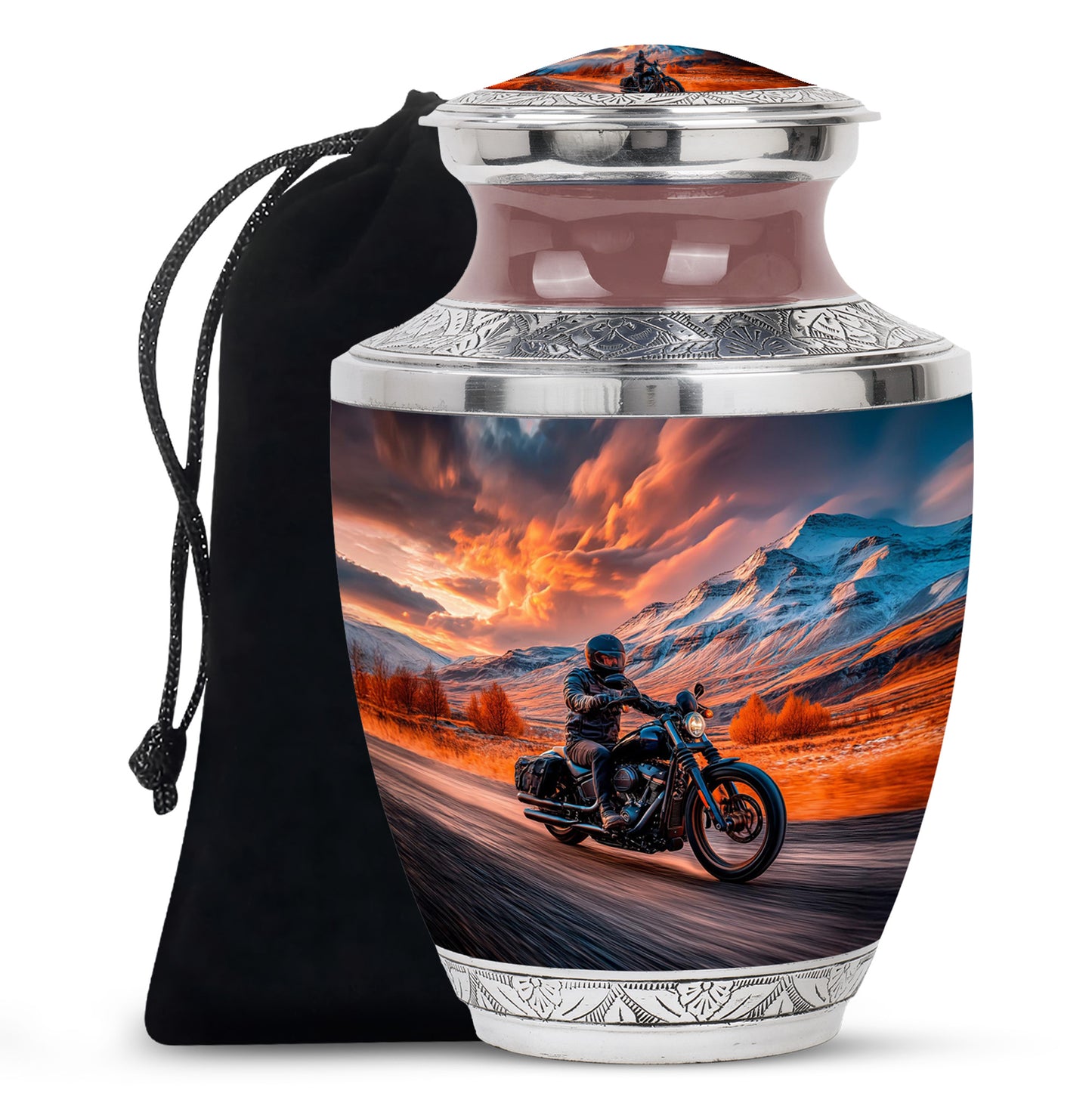 Cherry Red Bike Cremation Urn side profile showing urn shape - artistic bike interpretation with creative detail - full-size 10 inch 200 cubic inch adult cremation urn