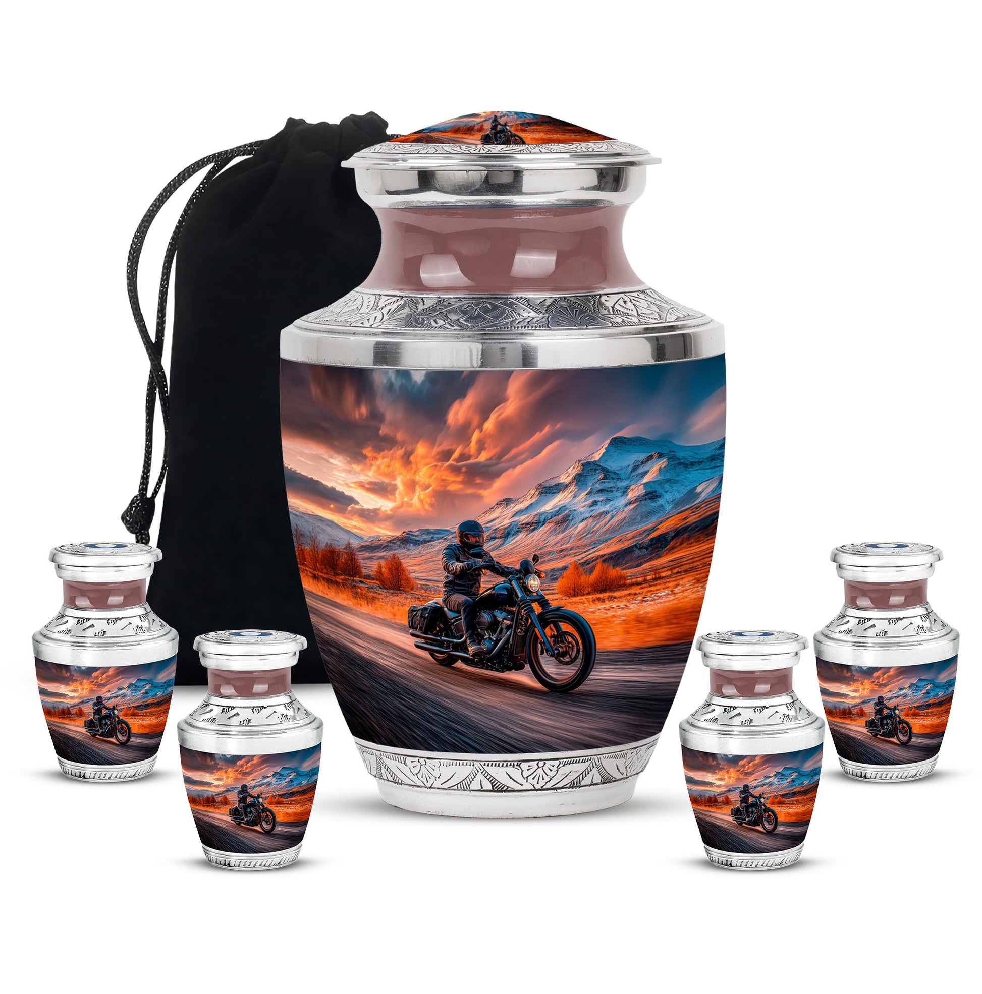 Ruby Red Bike Cremation Urn lifestyle display on memorial shelf - stylized abstract bike pattern with bold lines - memorial set with one large and four small urns