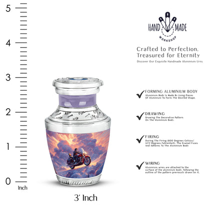 Soft Blue Bike Cremation Urn top-down view of secure threaded lid - stylized abstract bike pattern with bold lines - mini keepsake memorial for portion of cremation ashes