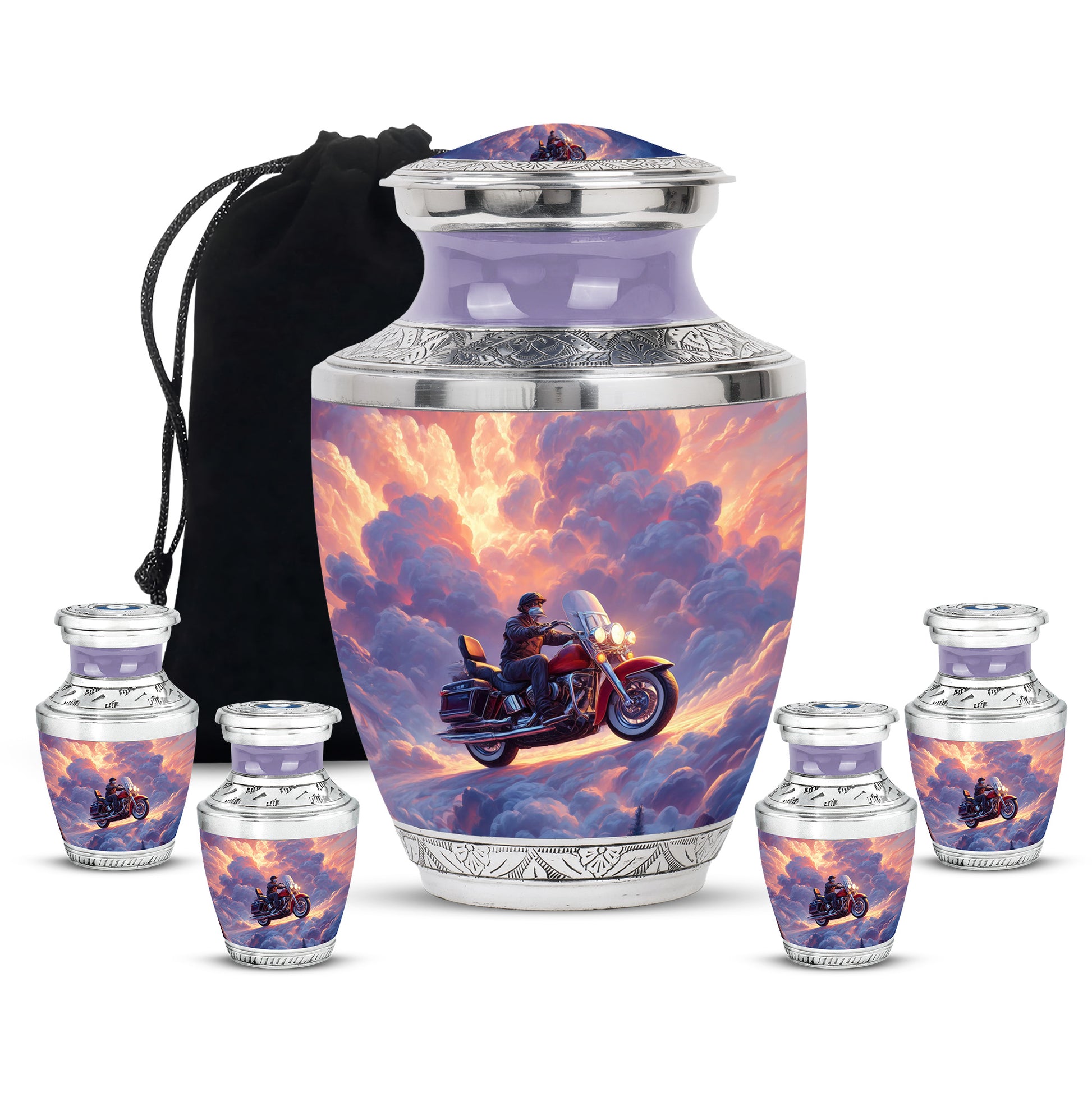 Twilight Blue Bike Cremation Urn lifestyle display on memorial shelf - artistic bike interpretation with creative detail - memorial set with one large and four small urns