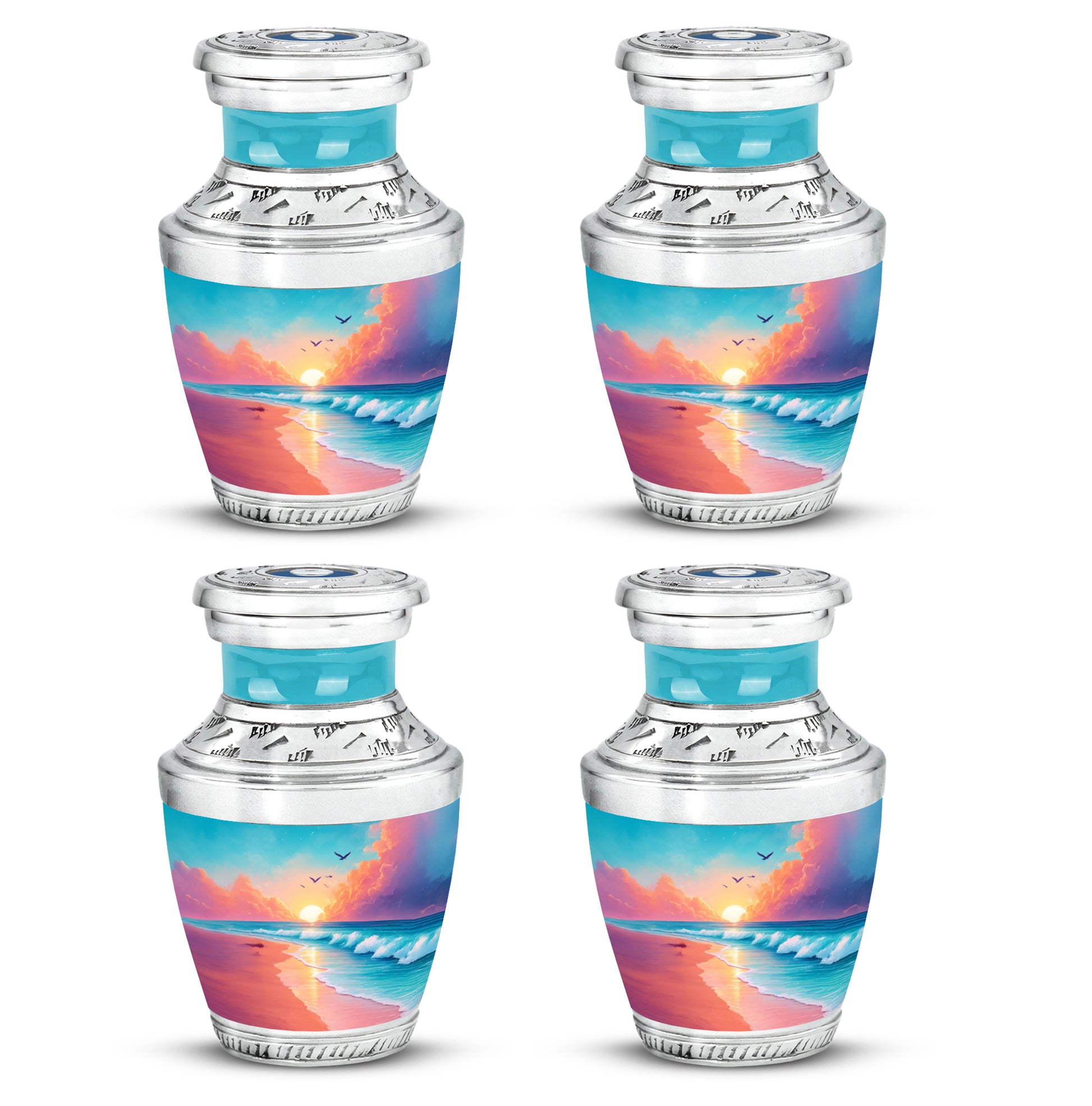 Tropical Teal Beach Cremation Urn back view with polished surface - artistic beach interpretation with creative detail - 10 inch aluminum urn for cremated remains