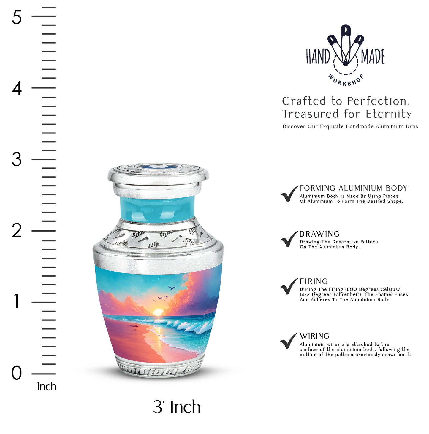 Soft Teal Beach Cremation Urn top-down view of secure threaded lid - modern art-inspired beach motif on sleek aluminum - mini keepsake memorial for portion of cremation ashes