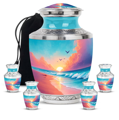 Vivid Teal Beach Cremation Urn lifestyle display on memorial shelf - artistic beach interpretation with creative detail - memorial set with one large and four small urns