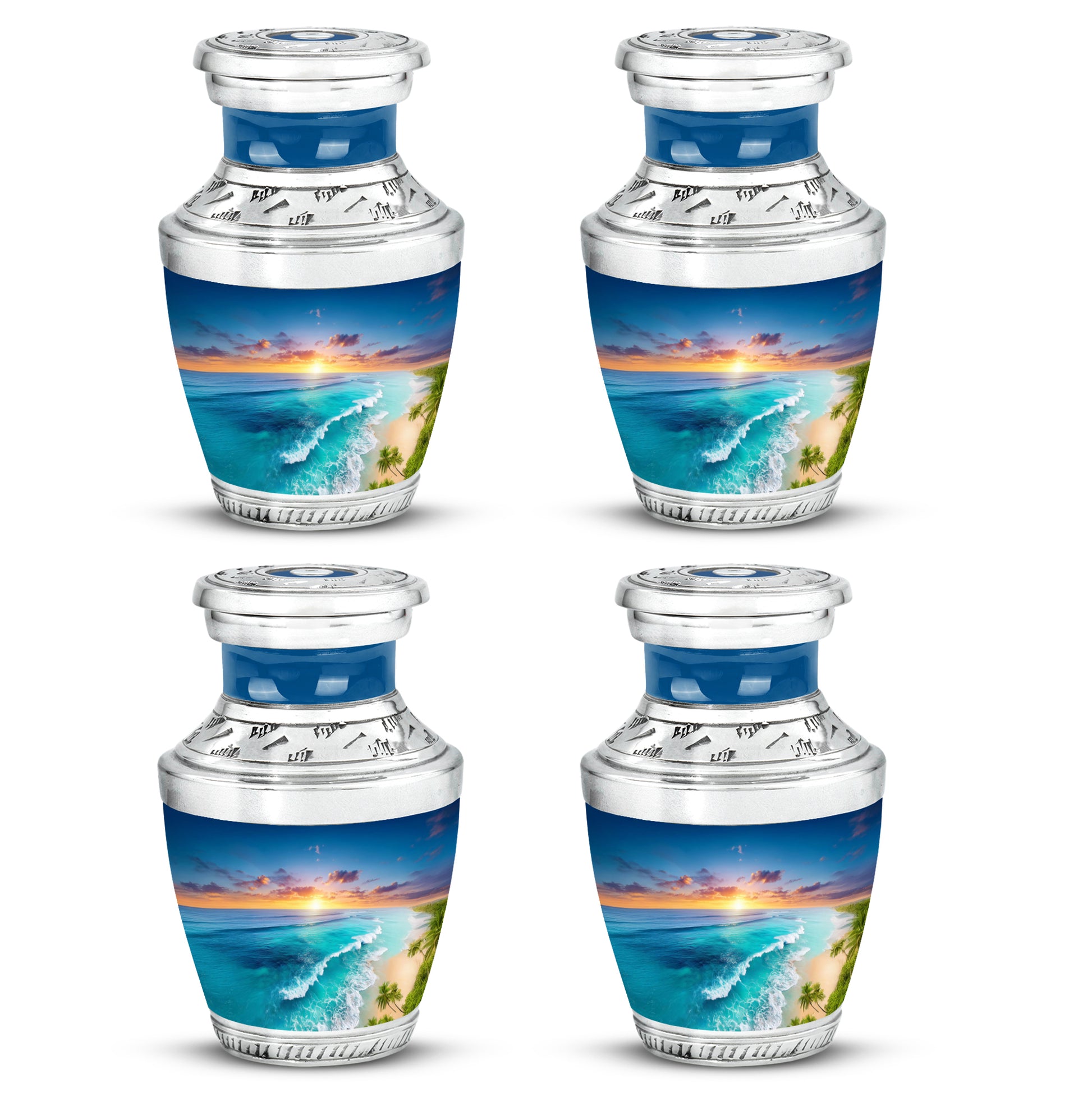Calming Blue Beach Cremation Urn back view with polished surface - artistic beach interpretation with creative detail - 10 inch aluminum urn for cremated remains