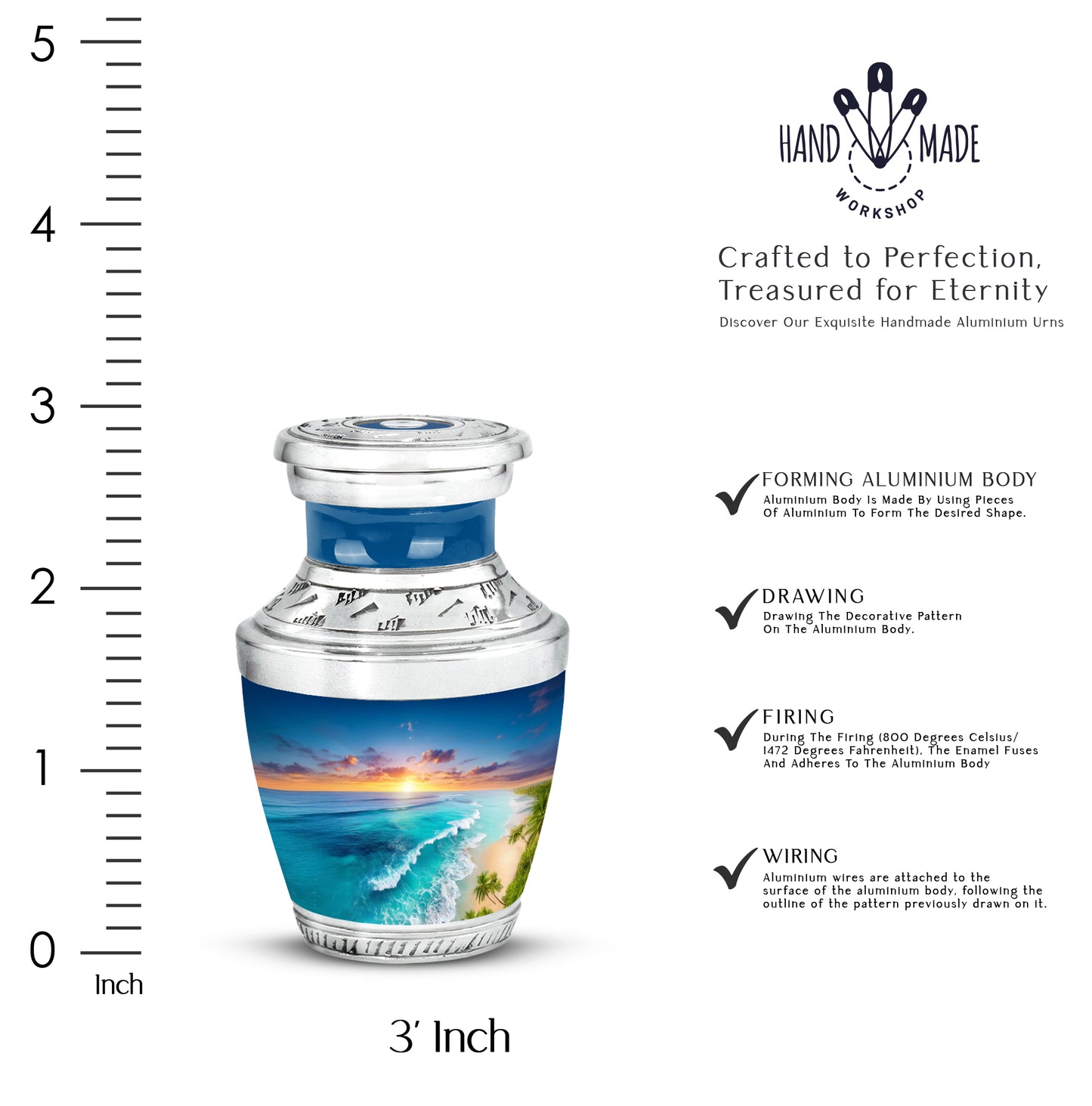 Serene Blue Beach Cremation Urn top-down view of secure threaded lid - stylized abstract beach pattern with bold lines - mini keepsake memorial for portion of cremation ashes