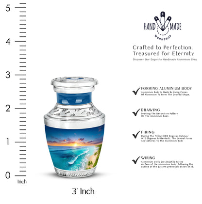 Serene Blue Beach Cremation Urn top-down view of secure threaded lid - stylized abstract beach pattern with bold lines - mini keepsake memorial for portion of cremation ashes