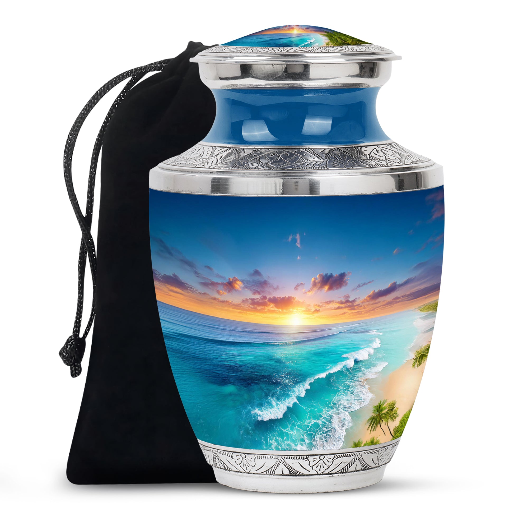 Indigo Beach Cremation Urn side profile showing urn shape - modern art-inspired beach motif on sleek aluminum - full-size 10 inch 200 cubic inch adult cremation urn