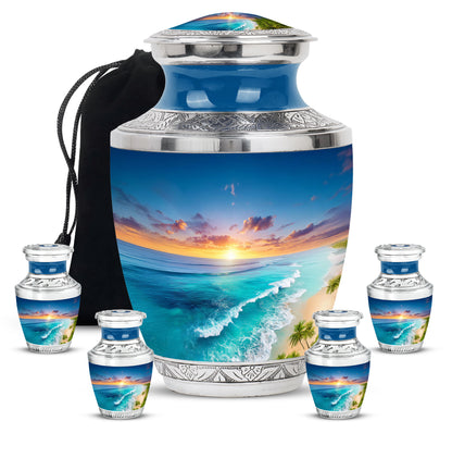 Serene Blue Beach Cremation Urn lifestyle display on memorial shelf - artistic beach interpretation with creative detail - memorial set with one large and four small urns