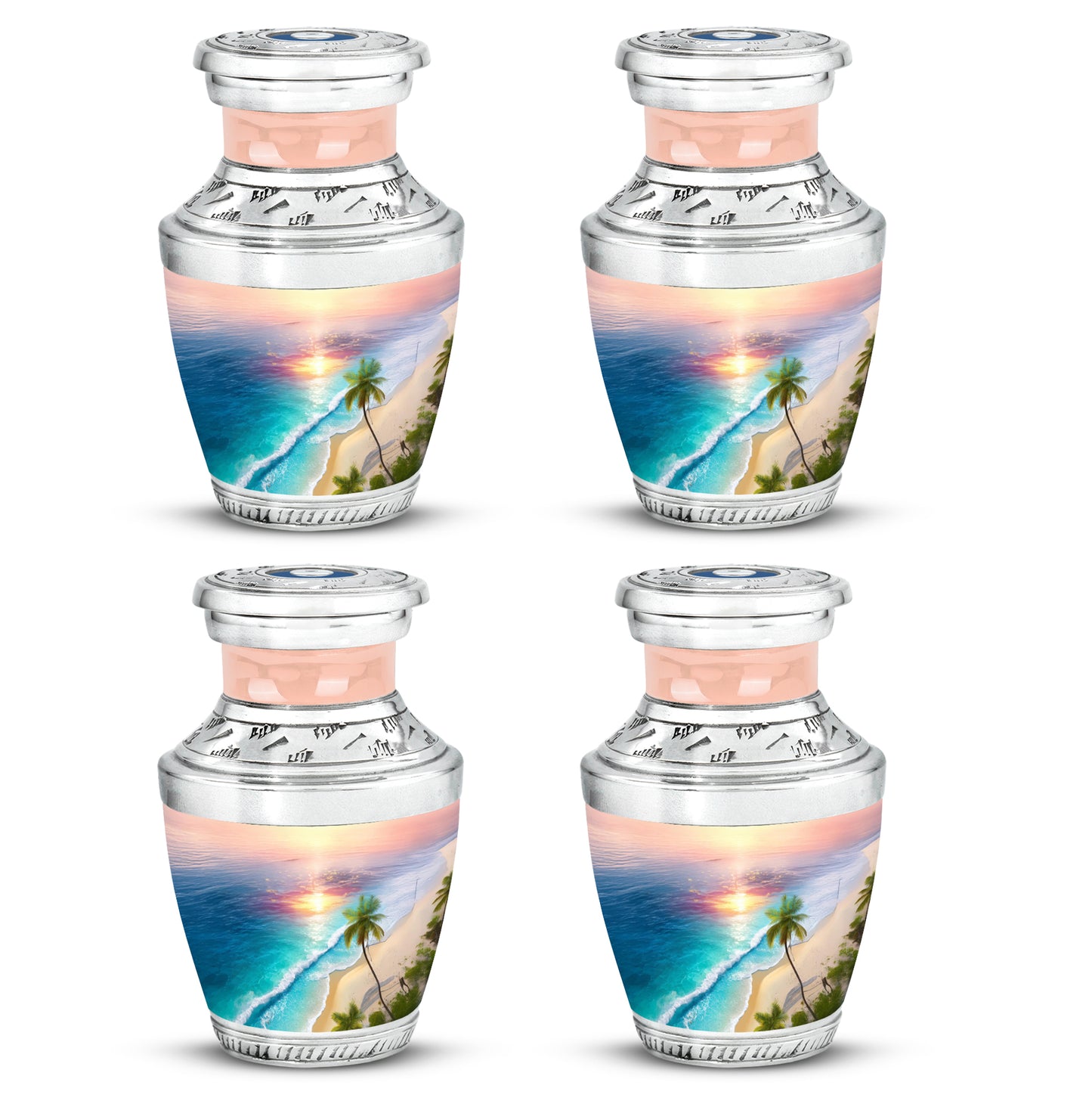 Rich Red Beach Cremation Urn back view with polished surface - artistic beach interpretation with creative detail - 10 inch aluminum urn for cremated remains