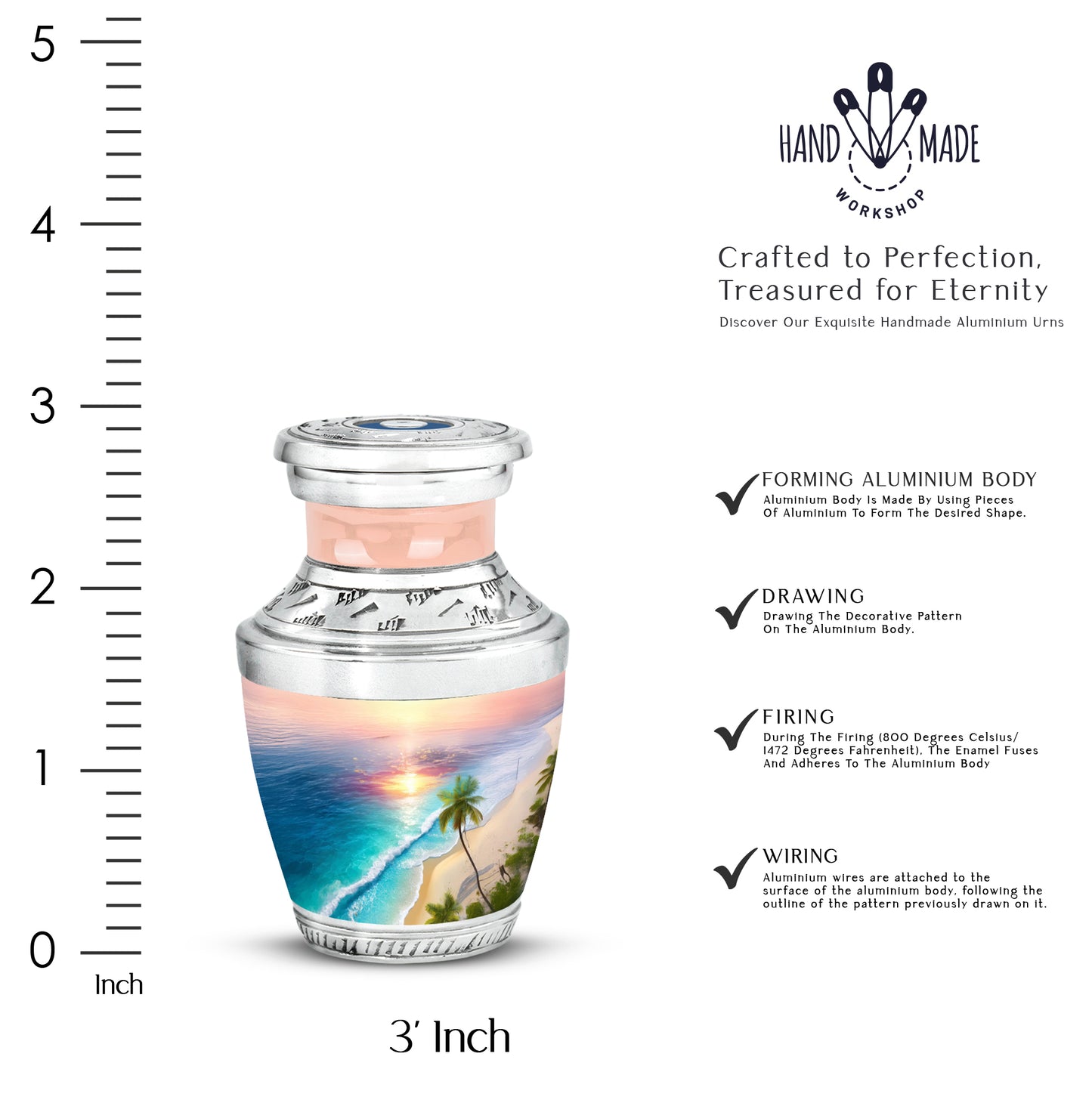 Fiery Red Beach Cremation Urn top-down view of secure threaded lid - artistic beach interpretation with creative detail - mini keepsake memorial for portion of cremation ashes