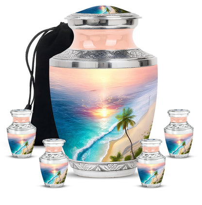 Garnet Red Beach Cremation Urn lifestyle display on memorial shelf - contemporary beach design with modern artistic flair - memorial set with one large and four small urns