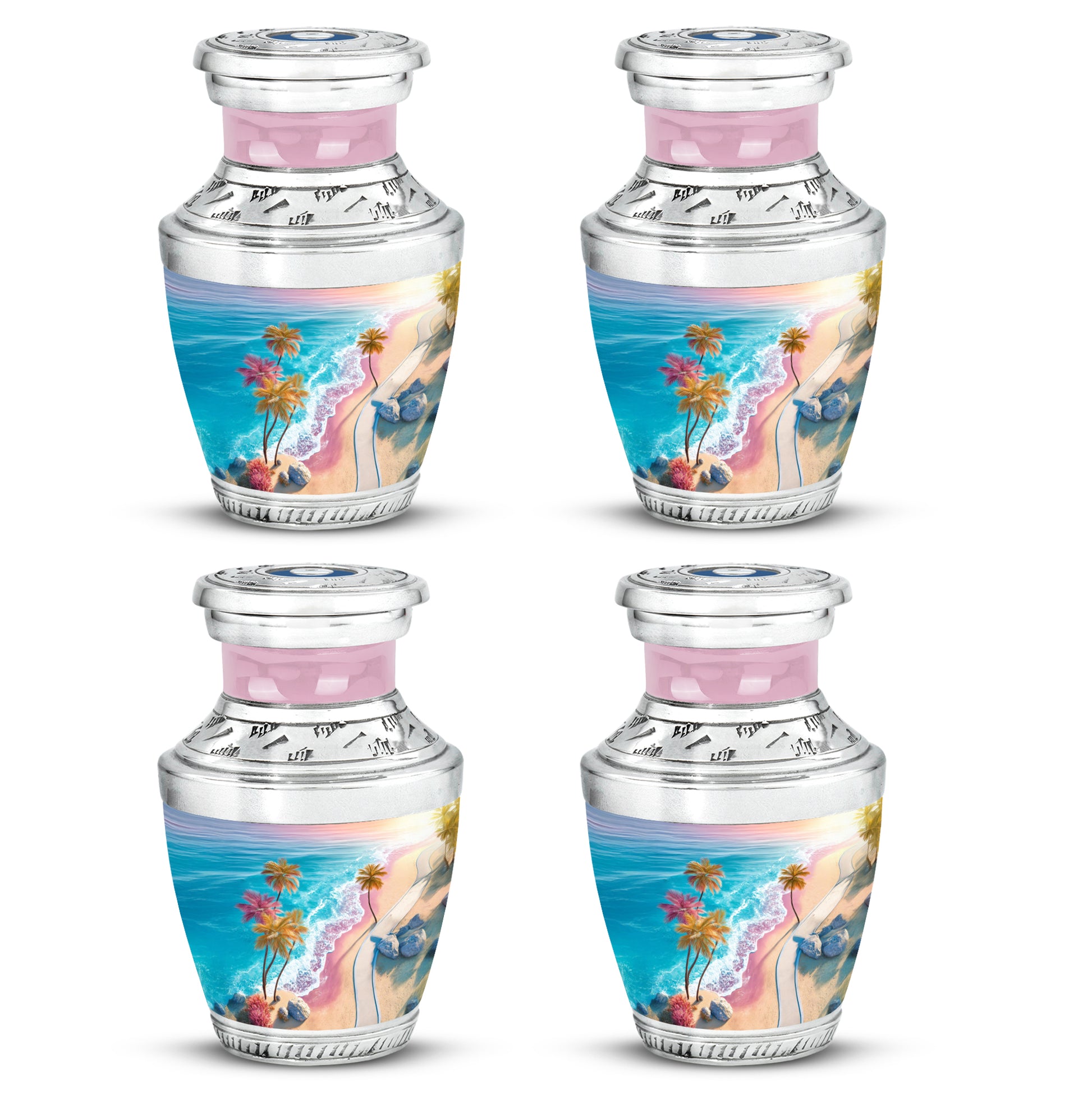 Soft Teal Beach Cremation Urn back view with polished surface - modern art-inspired beach motif on sleek aluminum - 10 inch aluminum urn for cremated remains
