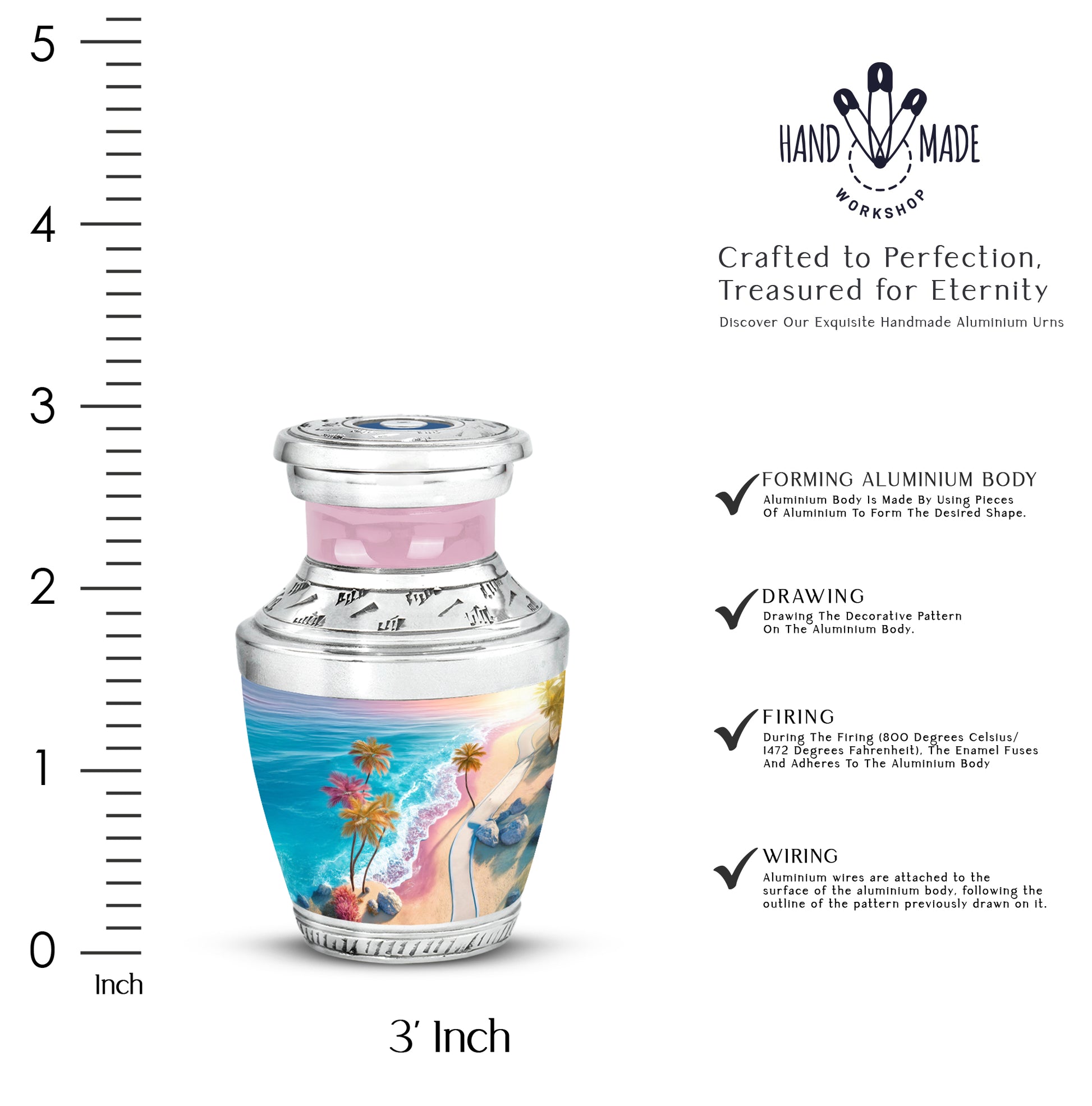 Cool Teal Beach Cremation Urn top-down view of secure threaded lid - modern art-inspired beach motif on sleek aluminum - mini keepsake memorial for portion of cremation ashes