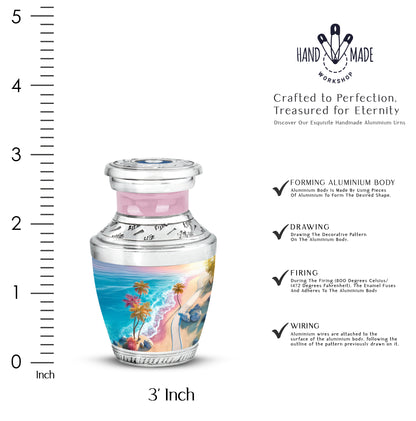 Cool Teal Beach Cremation Urn top-down view of secure threaded lid - modern art-inspired beach motif on sleek aluminum - mini keepsake memorial for portion of cremation ashes