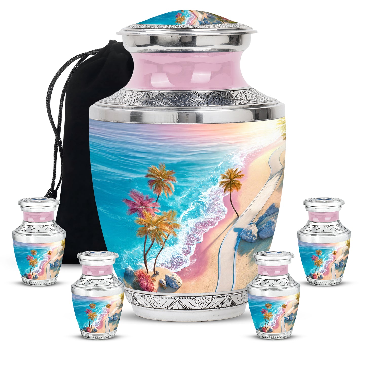 Soft Teal Beach Cremation Urn lifestyle display on memorial shelf - modern art-inspired beach motif on sleek aluminum - memorial set with one large and four small urns