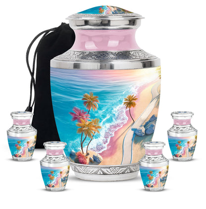 Soft Teal Beach Cremation Urn lifestyle display on memorial shelf - modern art-inspired beach motif on sleek aluminum - memorial set with one large and four small urns