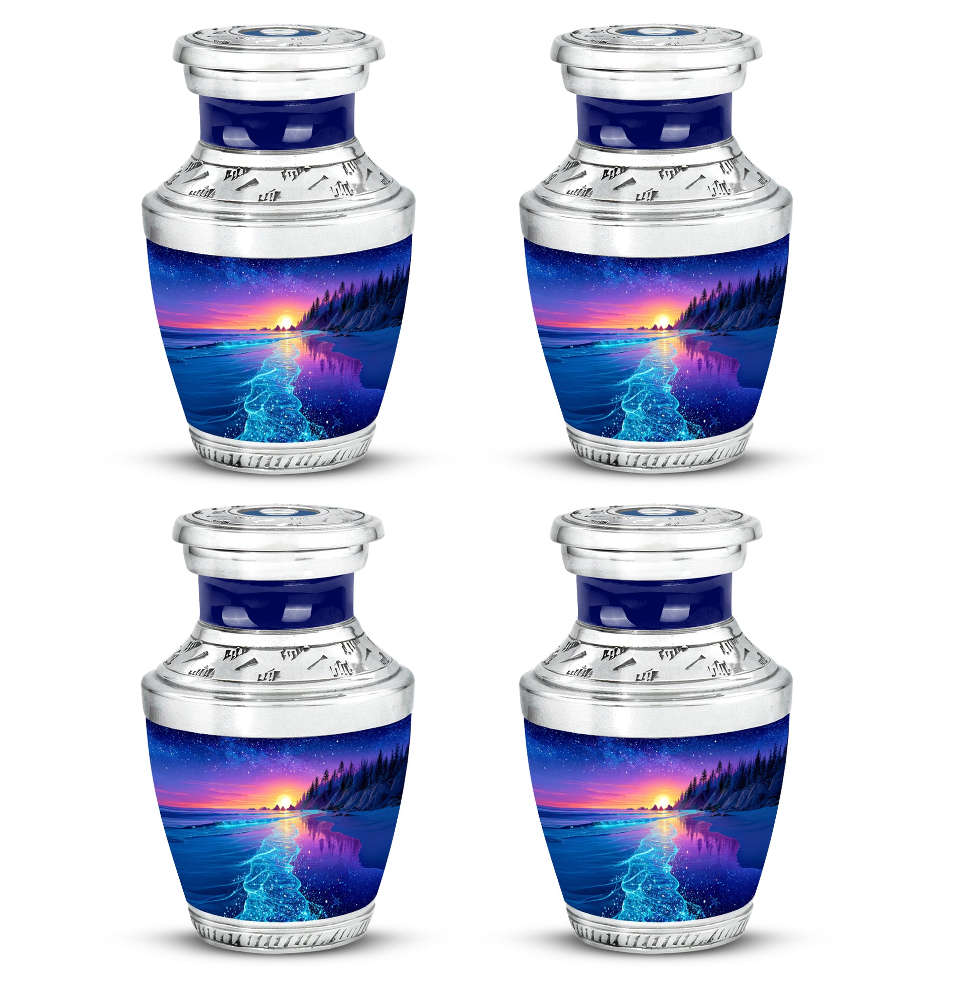 Indigo Beach Cremation Urn back view with polished surface - modern art-inspired beach motif on sleek aluminum - 10 inch aluminum urn for cremated remains