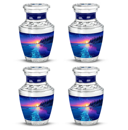 Indigo Beach Cremation Urn back view with polished surface - modern art-inspired beach motif on sleek aluminum - 10 inch aluminum urn for cremated remains