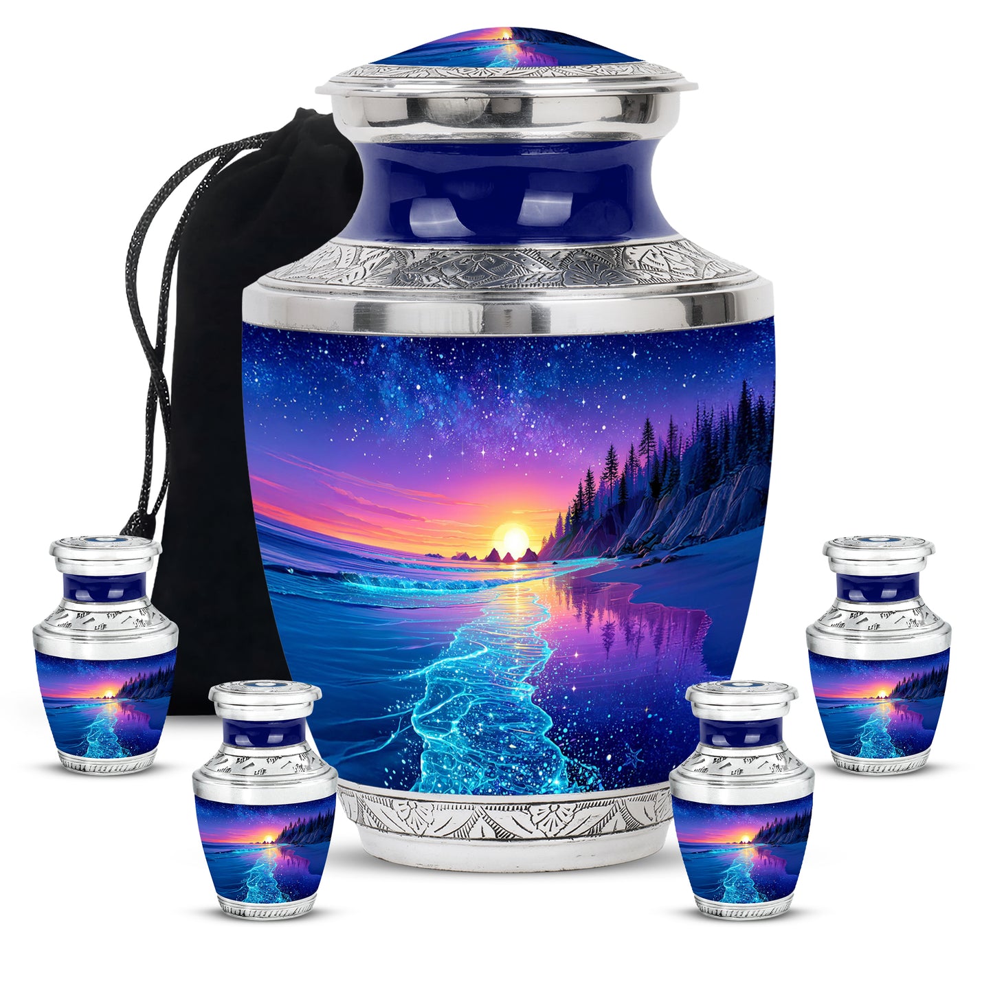 Bright Blue Beach Cremation Urn lifestyle display on memorial shelf - stylized abstract beach pattern with bold lines - memorial set with one large and four small urns