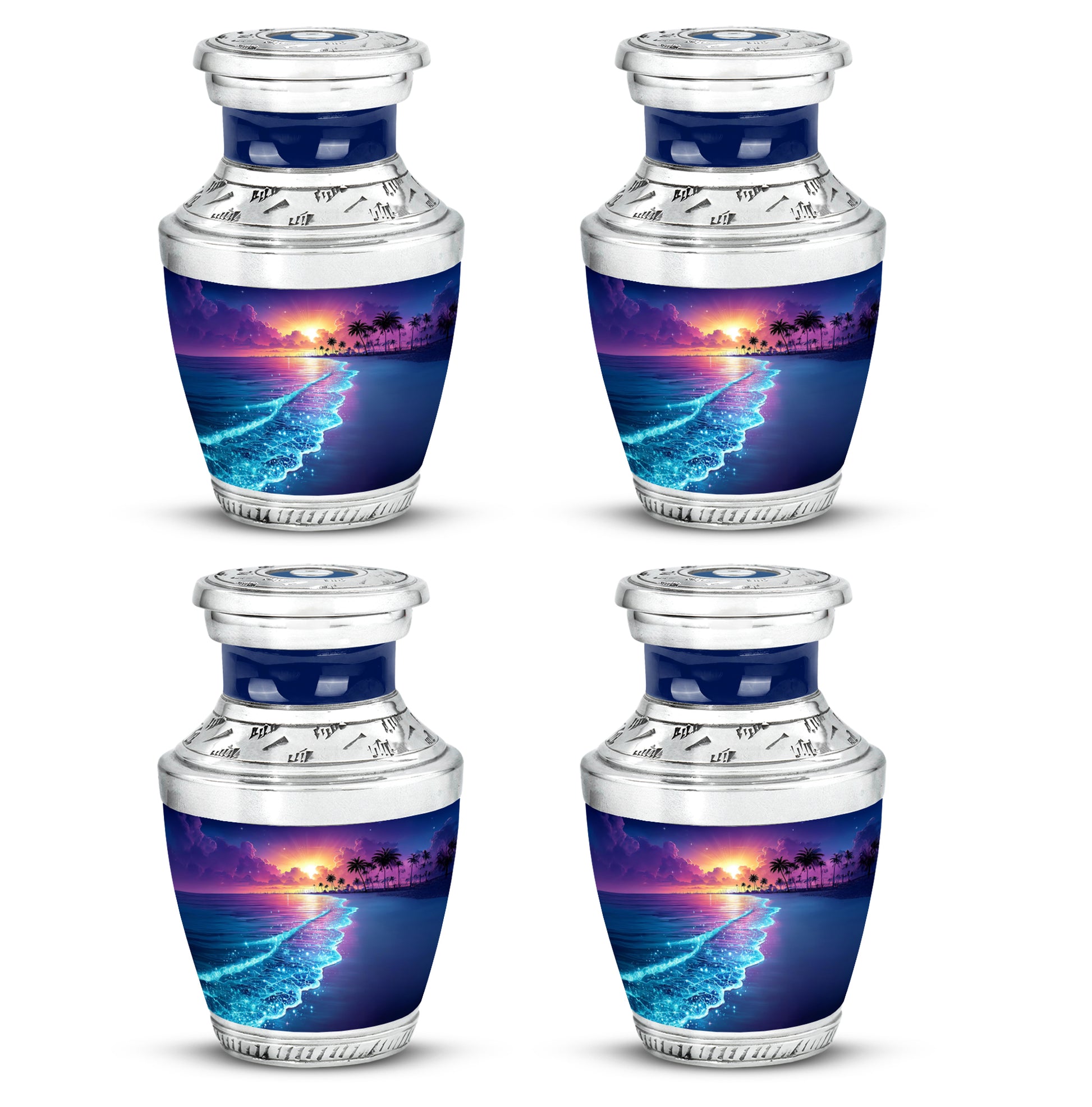 Calming Blue Beach Cremation Urn back view with polished surface - artistic beach interpretation with creative detail - 10 inch aluminum urn for cremated remains