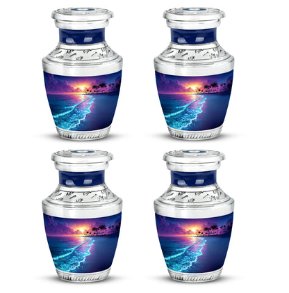Calming Blue Beach Cremation Urn back view with polished surface - artistic beach interpretation with creative detail - 10 inch aluminum urn for cremated remains