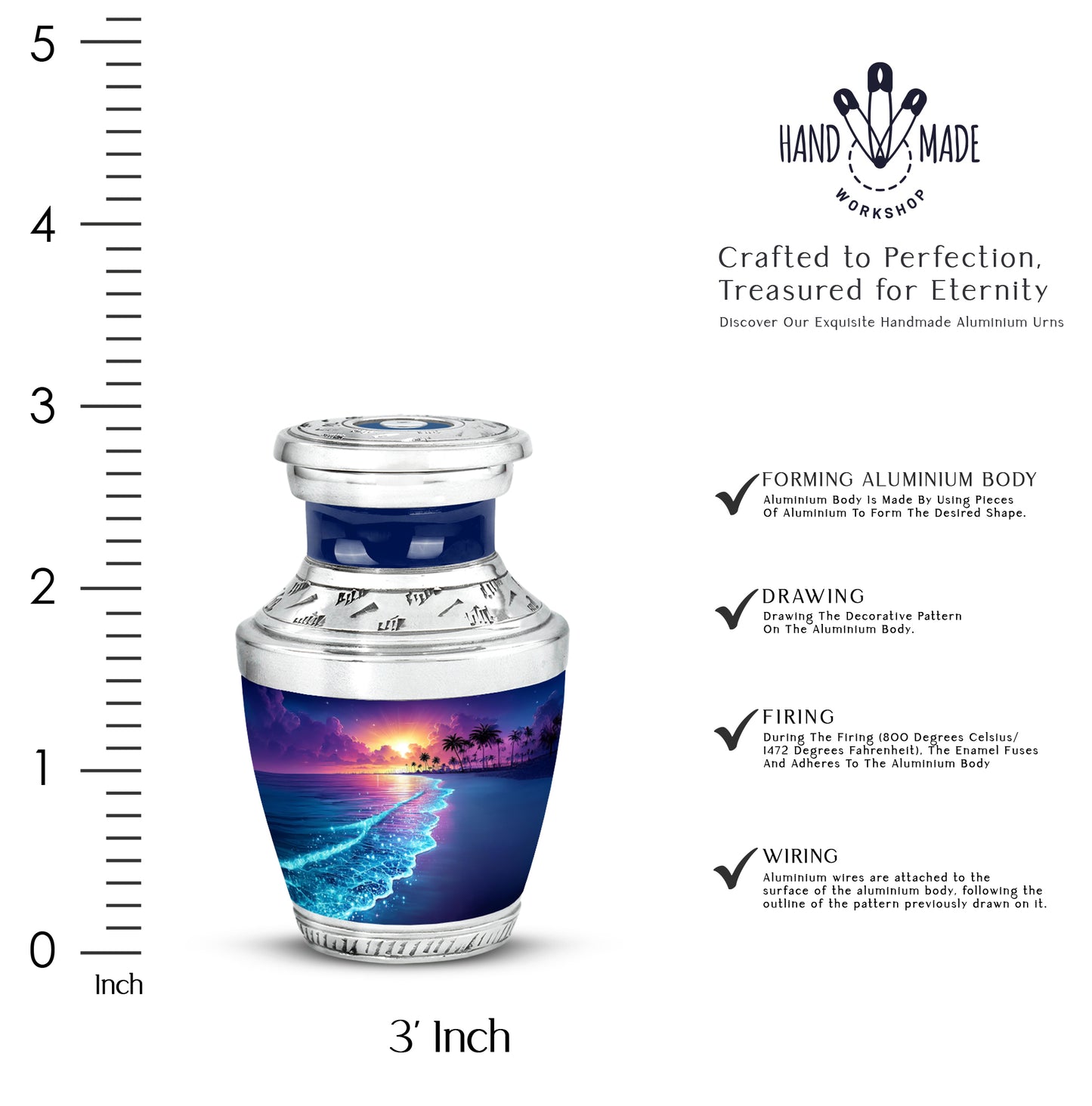 Pastel Blue Beach Cremation Urn top-down view of secure threaded lid - contemporary beach design with modern artistic flair - mini keepsake memorial for portion of cremation ashes