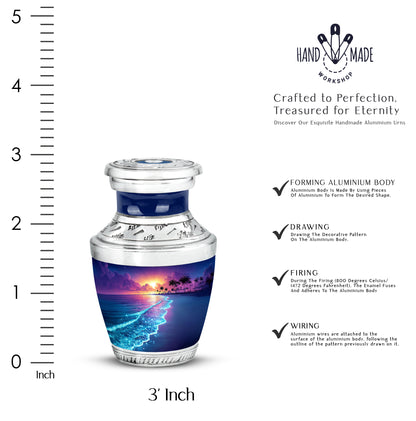 Pastel Blue Beach Cremation Urn top-down view of secure threaded lid - contemporary beach design with modern artistic flair - mini keepsake memorial for portion of cremation ashes