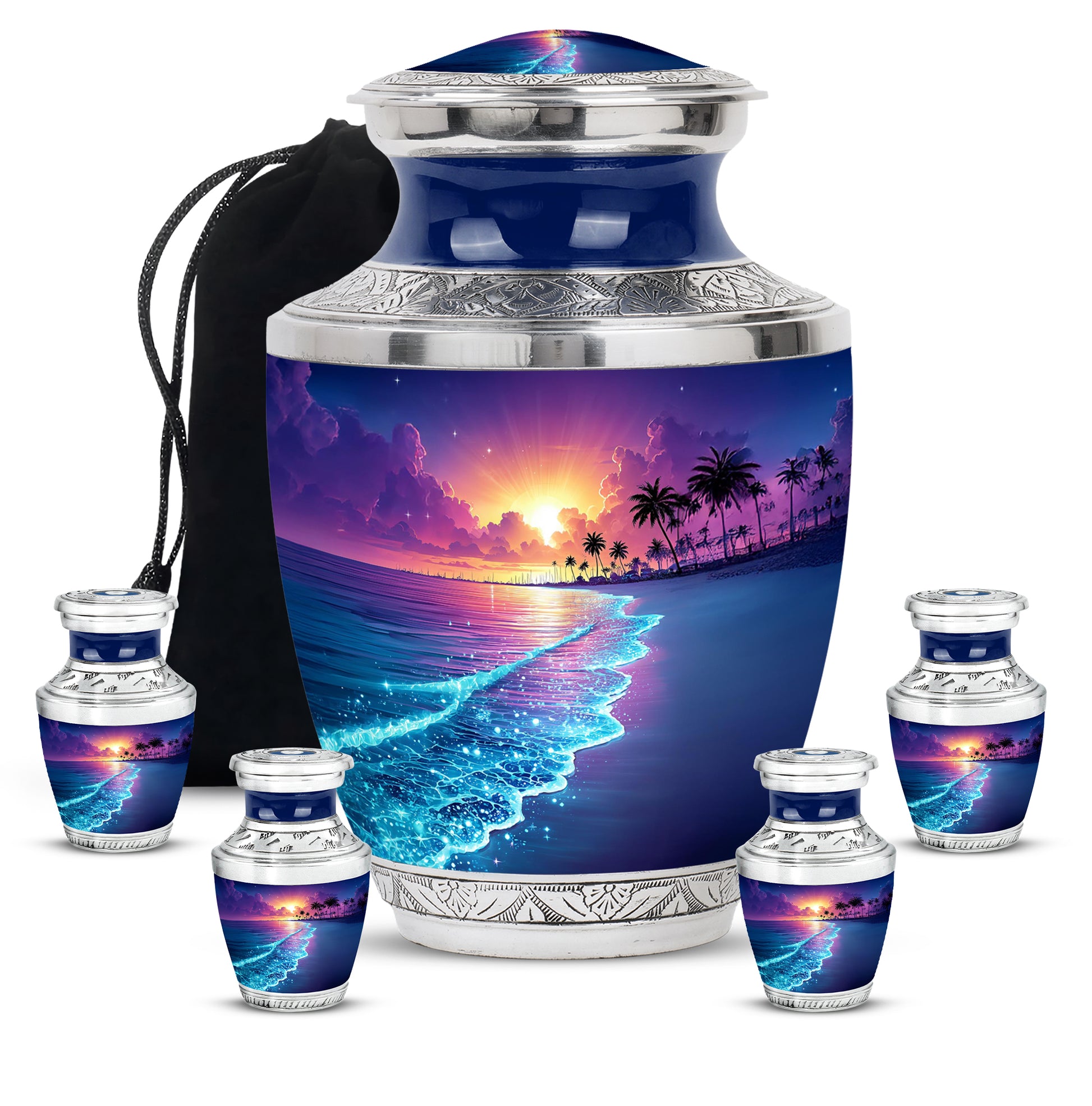 Celestial Blue Beach Cremation Urn lifestyle display on memorial shelf - modern art-inspired beach motif on sleek aluminum - memorial set with one large and four small urns