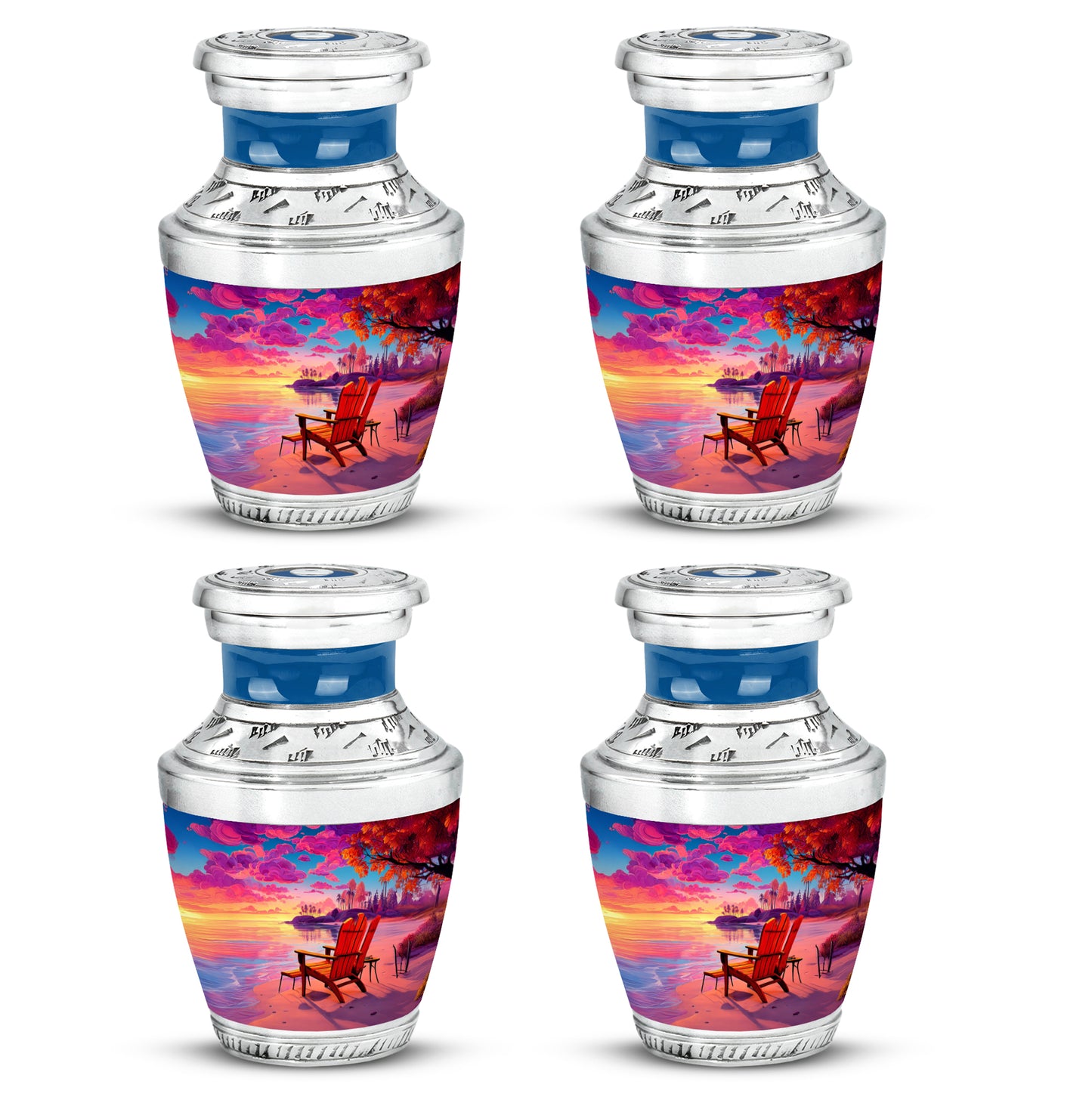 Navy Blue Beach Cremation Urn back view with polished surface - contemporary beach design with modern artistic flair - 10 inch aluminum urn for cremated remains