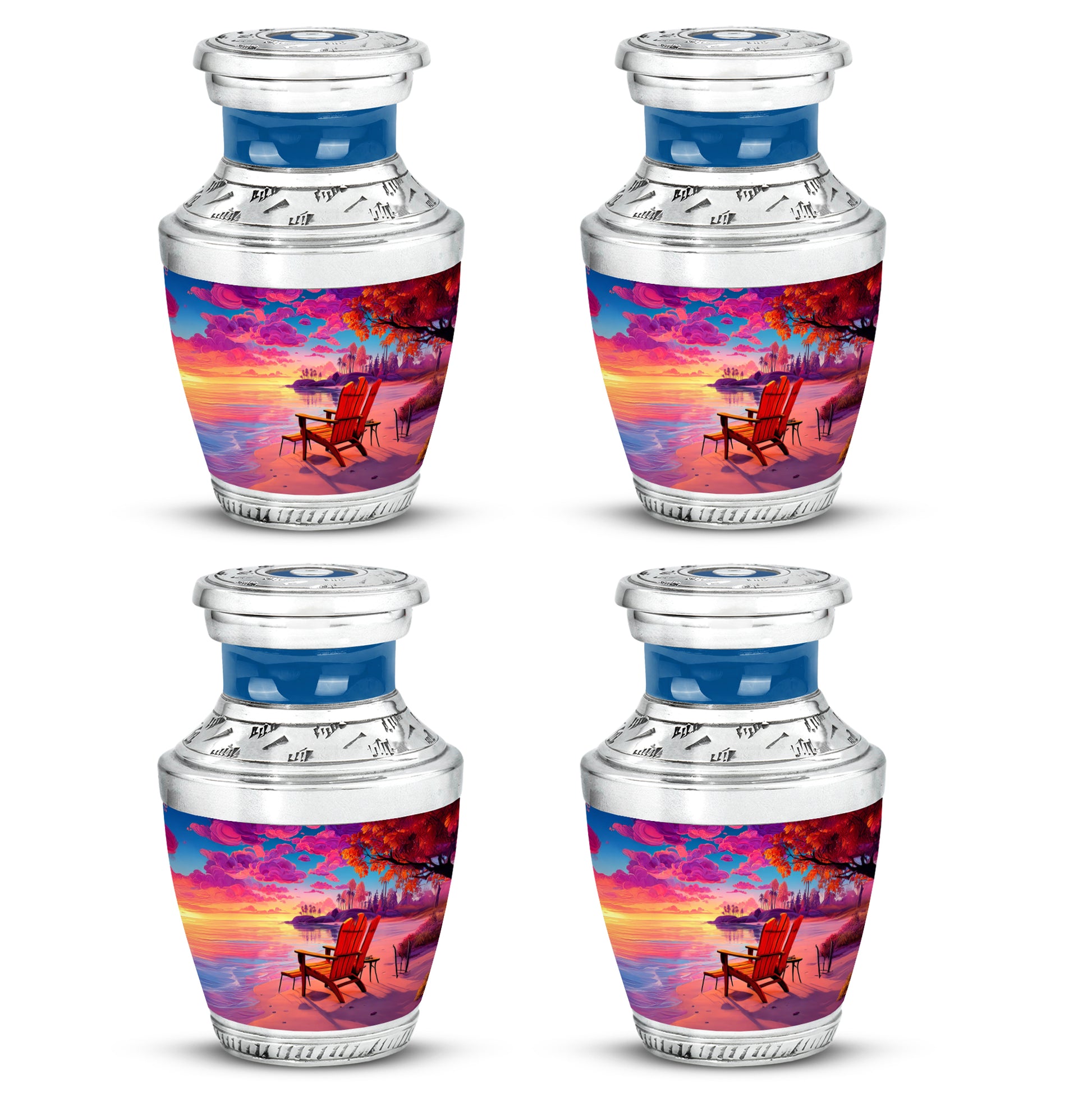 Navy Blue Beach Cremation Urn back view with polished surface - contemporary beach design with modern artistic flair - 10 inch aluminum urn for cremated remains