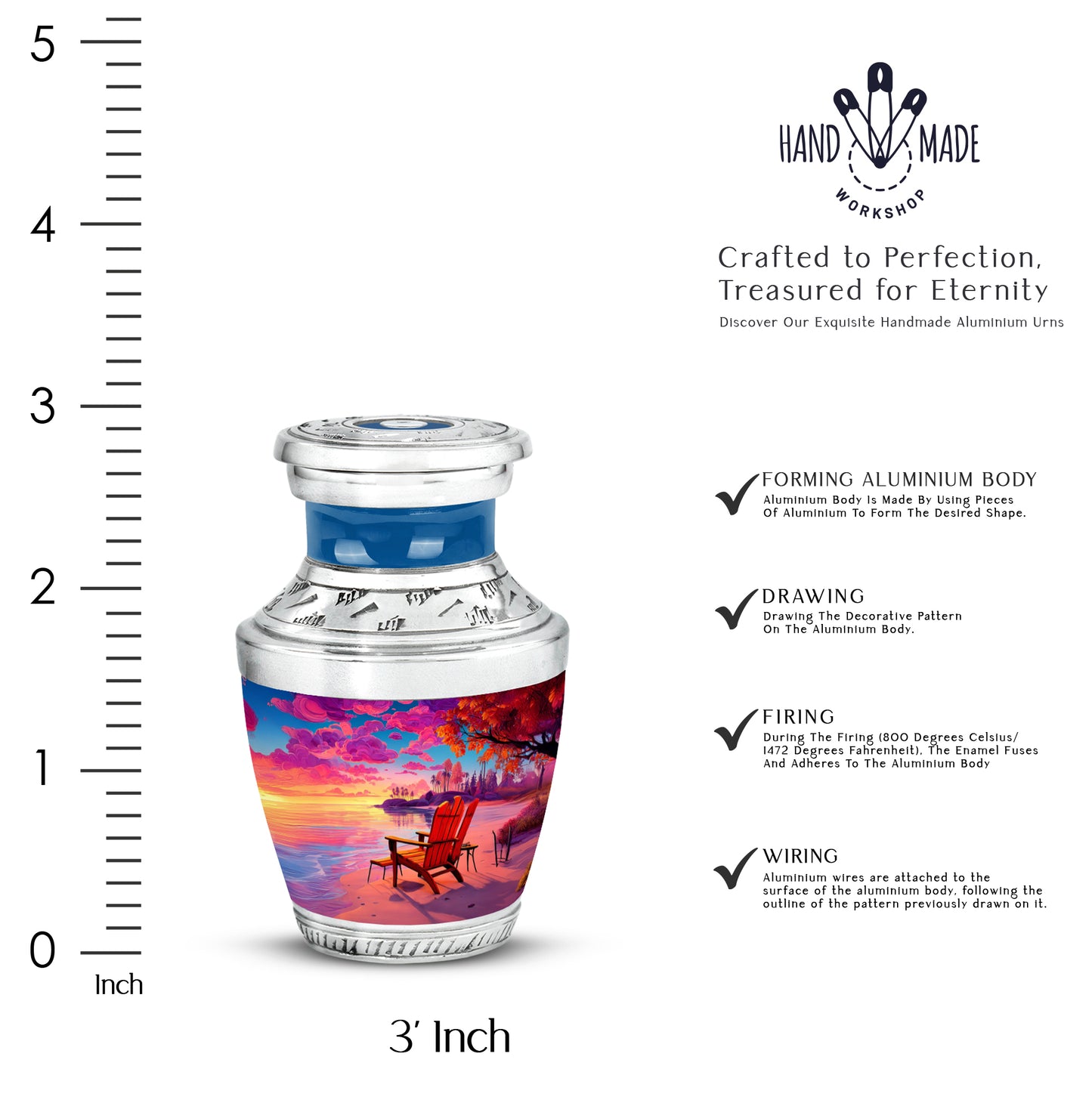 Sapphire Blue Beach Cremation Urn top-down view of secure threaded lid - artistic beach interpretation with creative detail - mini keepsake memorial for portion of cremation ashes