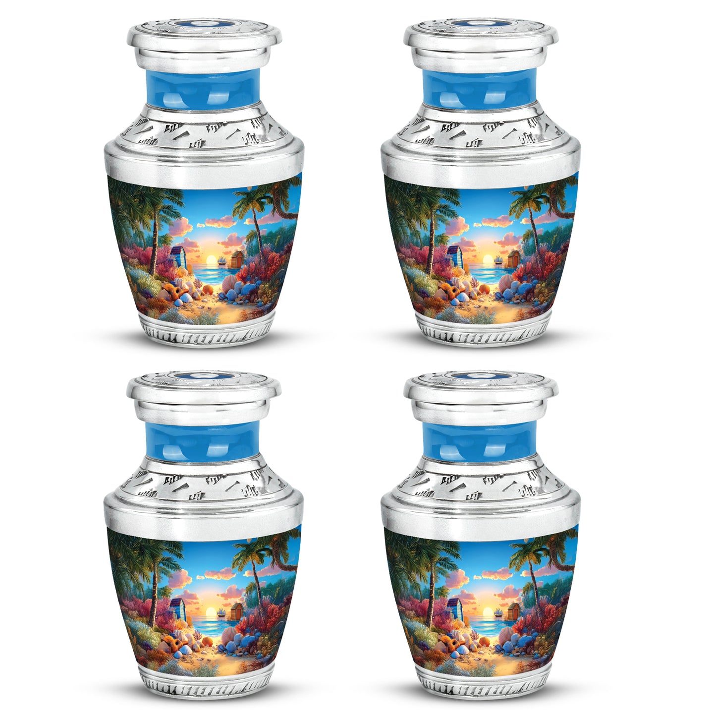 Indigo Beach Cremation Urn back view with polished surface - modern art-inspired beach motif on sleek aluminum - 10 inch aluminum urn for cremated remains