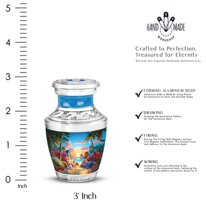 Cobalt Blue Beach Cremation Urn top-down view of secure threaded lid - artistic beach interpretation with creative detail - mini keepsake memorial for portion of cremation ashes