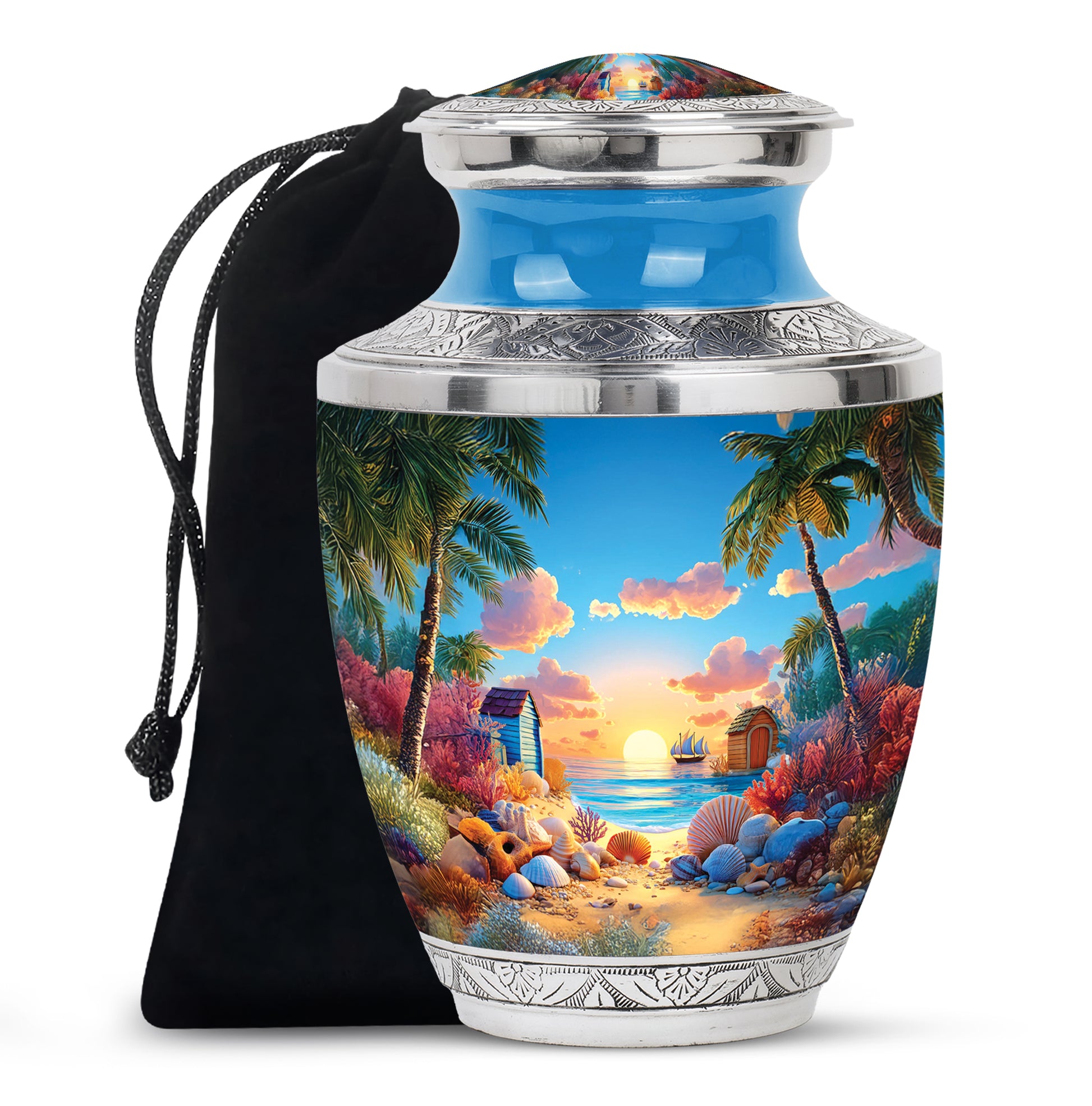 Sky Blue Beach Cremation Urn side profile showing urn shape - modern art-inspired beach motif on sleek aluminum - full-size 10 inch 200 cubic inch adult cremation urn