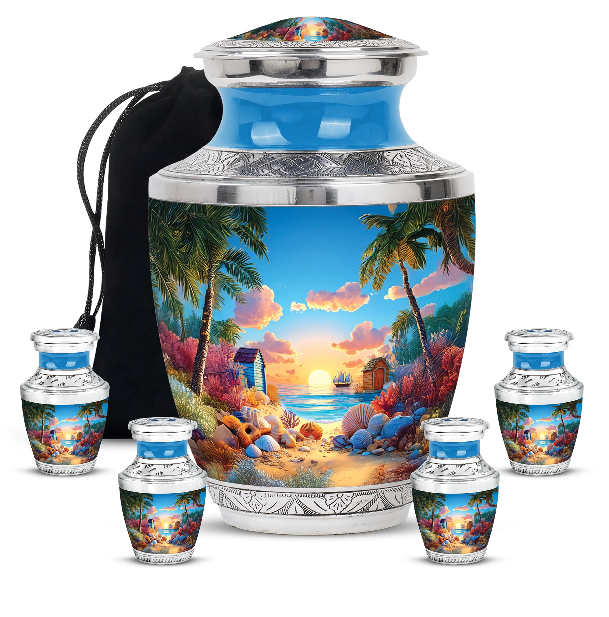 Soft Blue Beach Cremation Urn lifestyle display on memorial shelf - stylized abstract beach pattern with bold lines - memorial set with one large and four small urns