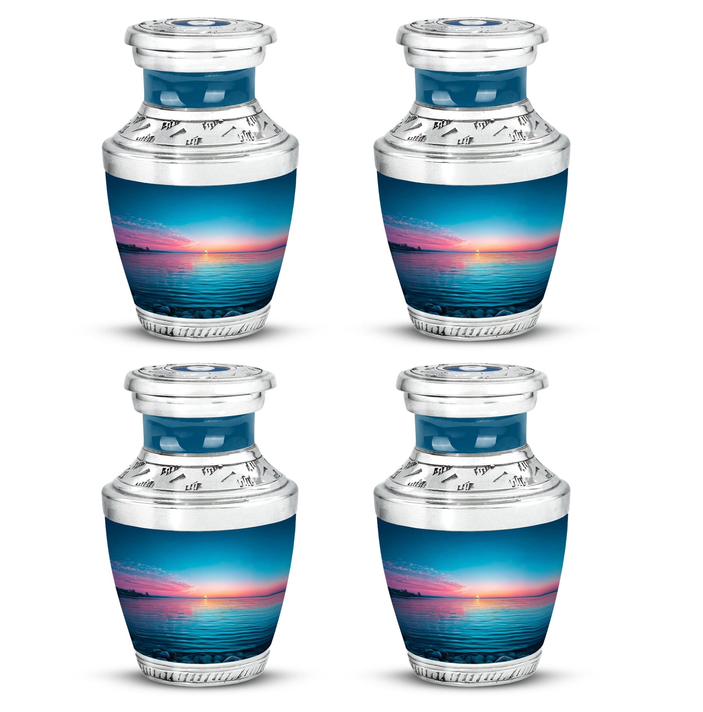 Navy Blue Beach Cremation Urn back view with polished surface - contemporary beach design with modern artistic flair - 10 inch aluminum urn for cremated remains